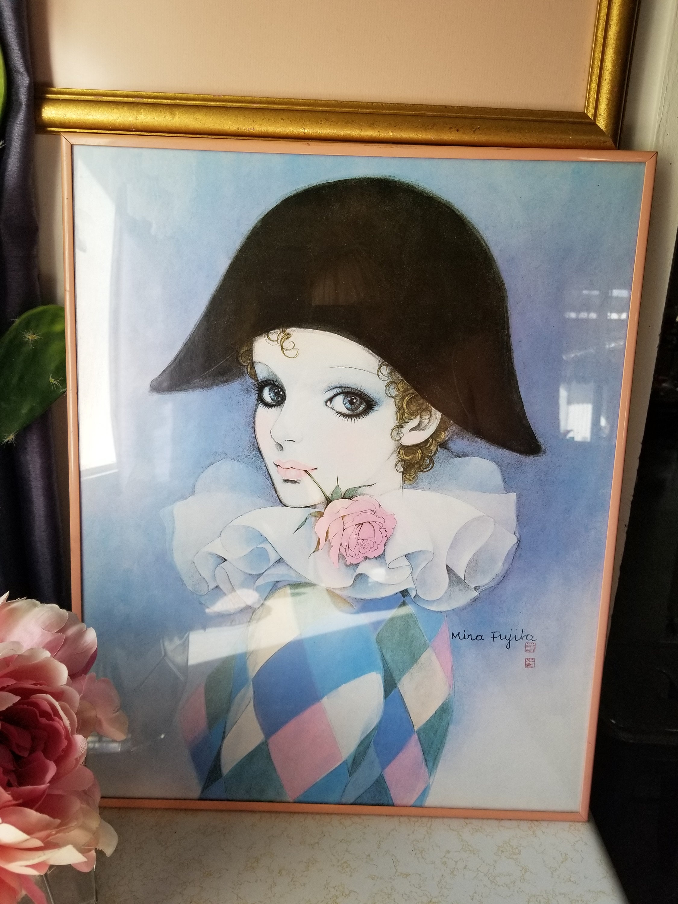 Vintage Large Mira Fujita Harlequin Wall Hanging Poster and Pink