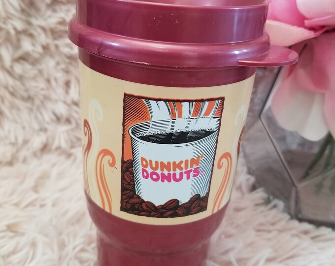 Vintage Dunkin Donuts Travel Mug With Burgundy Lid, Grey With Pink
