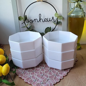 Set of Six French Vintage Arcoroc Octime Bowls Dessert Bowls Side Bowls Cereal Breakfast White Tempered Milk Glass Geometric Design