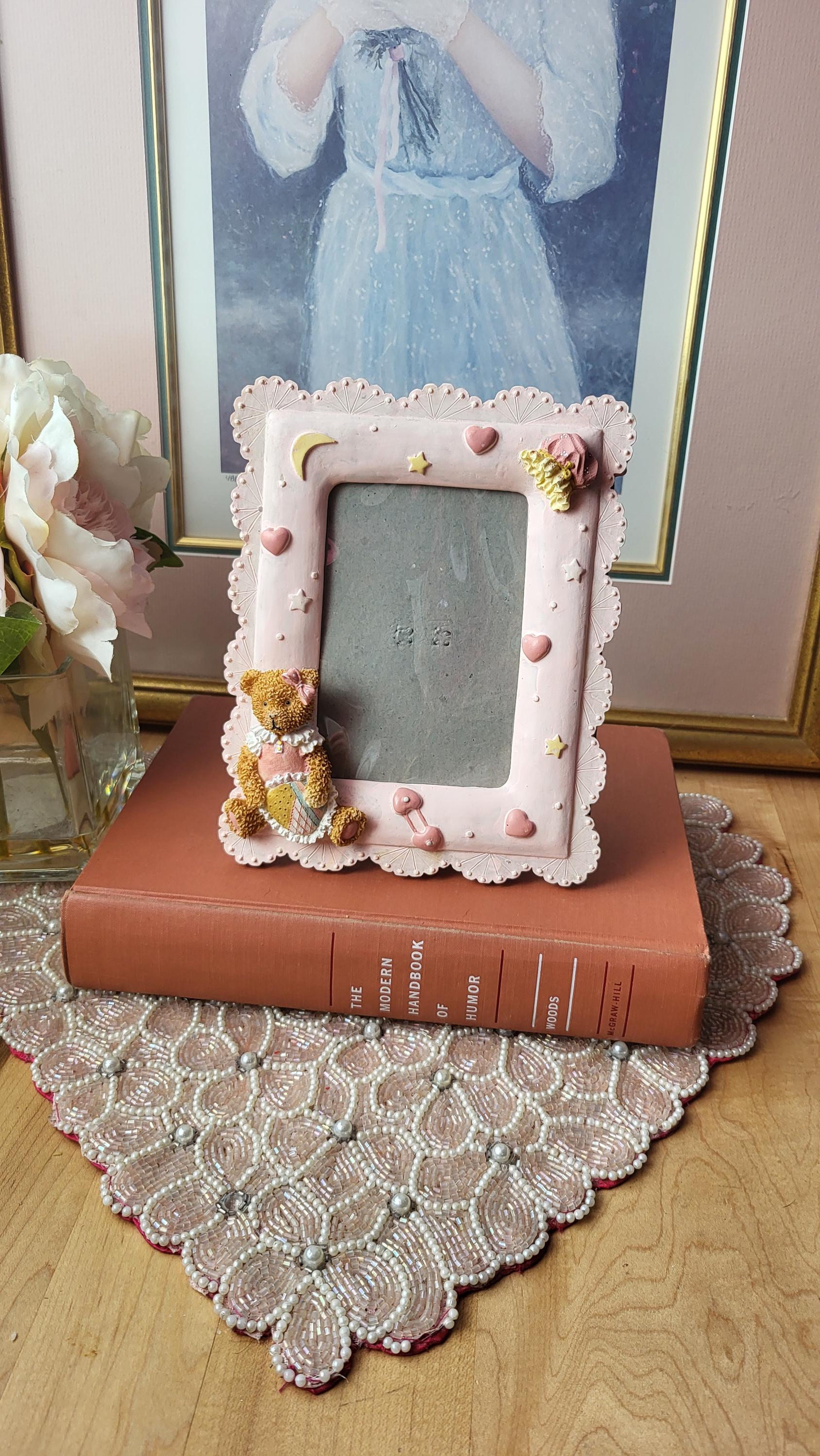 Vintage Pink Teddy Bears Moon Heart Stars Picture Frame Hearts