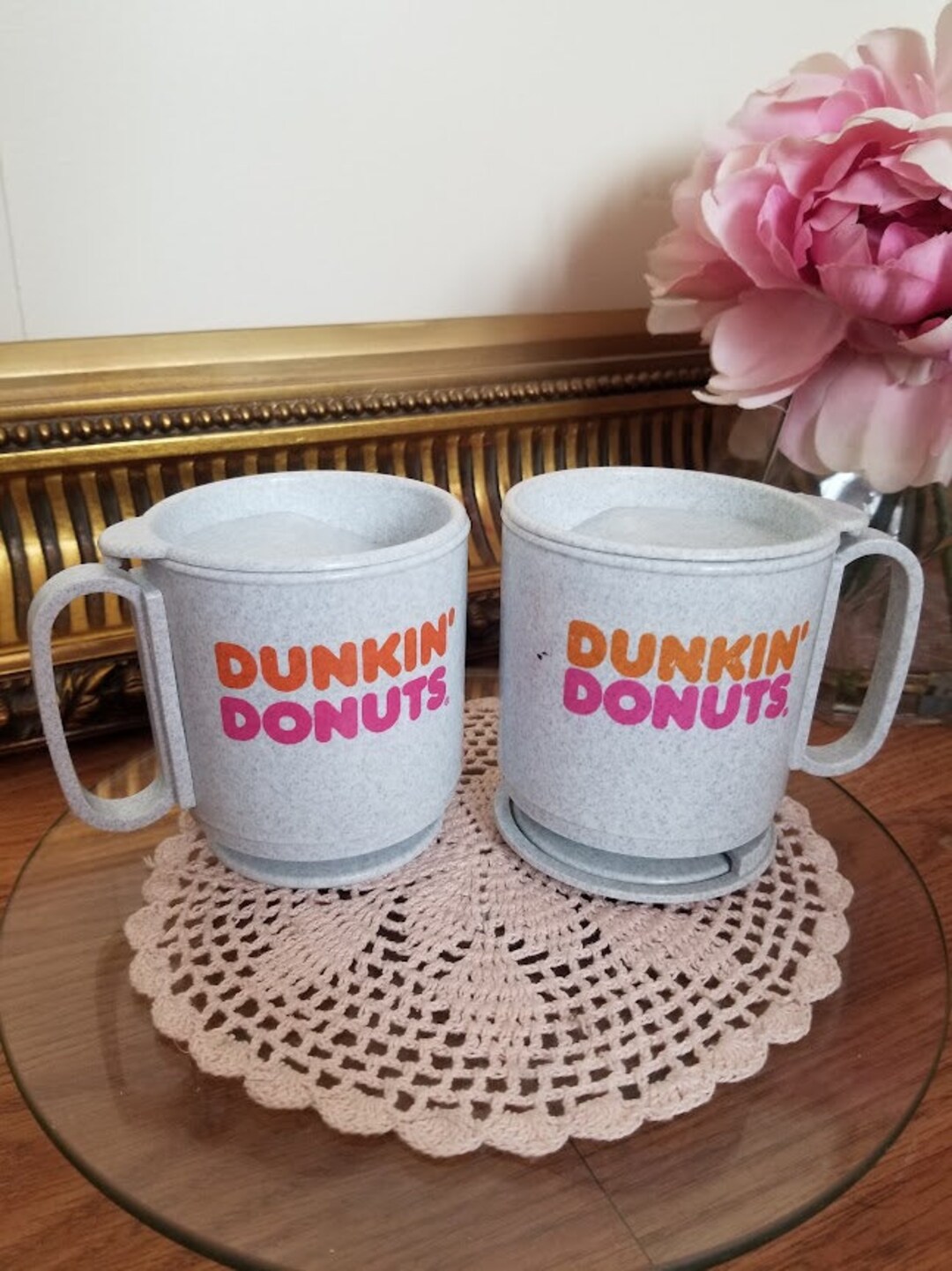 Vintage Set of 2 Dunkin Donuts Travel Mug With Lid, Grey With Pink