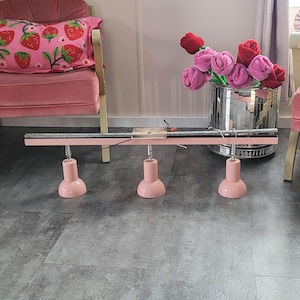 May include: A pink track lighting fixture with three round, pink lamps. The fixture is mounted on a grey floor. A pink chair with a strawberry cushion is in the background, along with a mirrored vase of pink and red fabric roses.