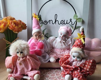 Vintage CHOOSE Clown Sand Doll with Soft Hair or Hat , Hand Painted Pink or Hearts Design