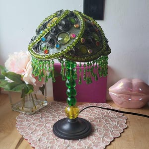 Delicate Beaded Floral Lamp, Intricate Handwork, Blue Beaded Flowers on Spring Green, Vintage Accent Lamp, Statement Lamp,