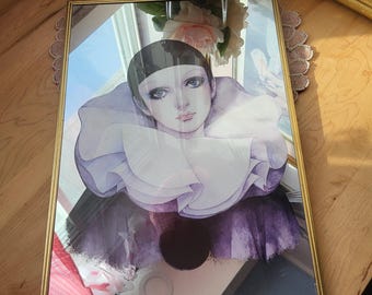 Maravilloso espejo vintage Art Nouveau, Pierrot triste con lágrimas, objeto de colección, pieza de arte de pared.