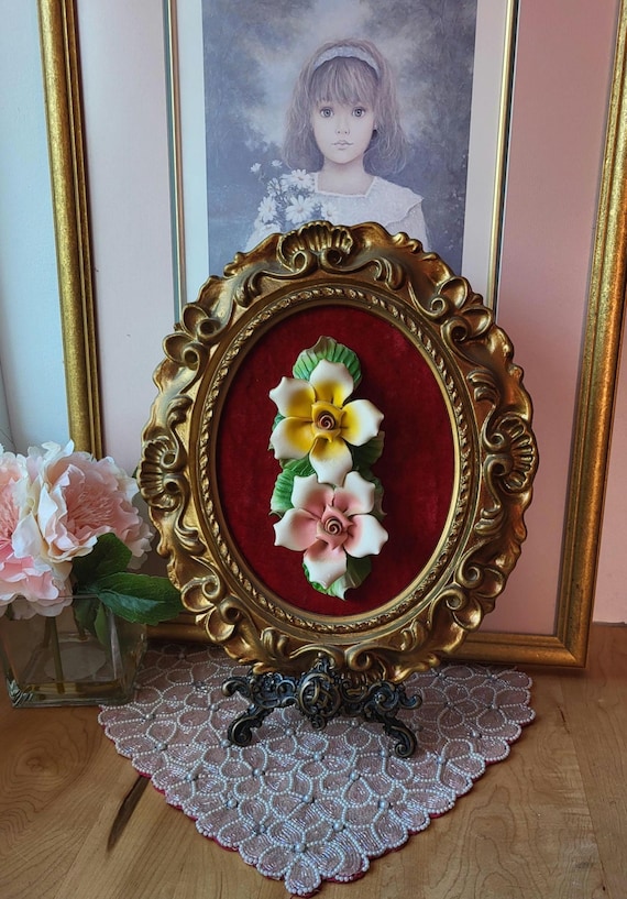 Framed Capodimonte Roses 3D Ceramic Wall Art , Cottage Core Red
