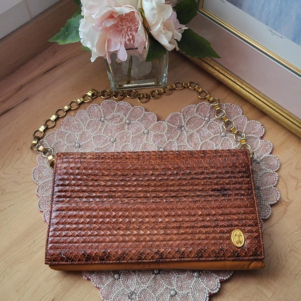 70er Mastercraft Canada Leder Schlangenleder Vintage Braun Leder Faux Schlange Clutch Goldene Kette Schultergurt Schultertasche Handknebel