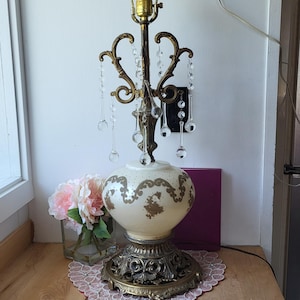 Vintage, Hollywood Regency, Carl Falkenstein Style, Italian Table Lamp, Gold motif on white, Brass Base, MCM, Floor Lamp available 1960s