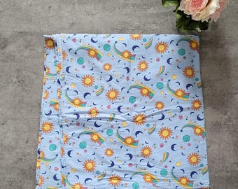Vintage Blanket Cotton Blue. Sun and Moon. Celestial Flat Sheet. Double Size Bed.