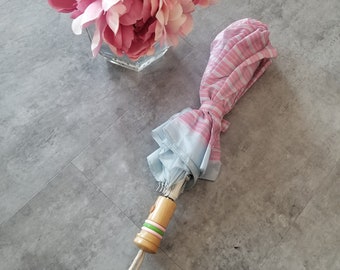 Vintage Umbrella, Plaid Pink & Blue Umbrella, Large Umbrella, Rain Gear, Theatre Prop, Wood Handle, Photo Prop, Engagement Prop, Mid Century