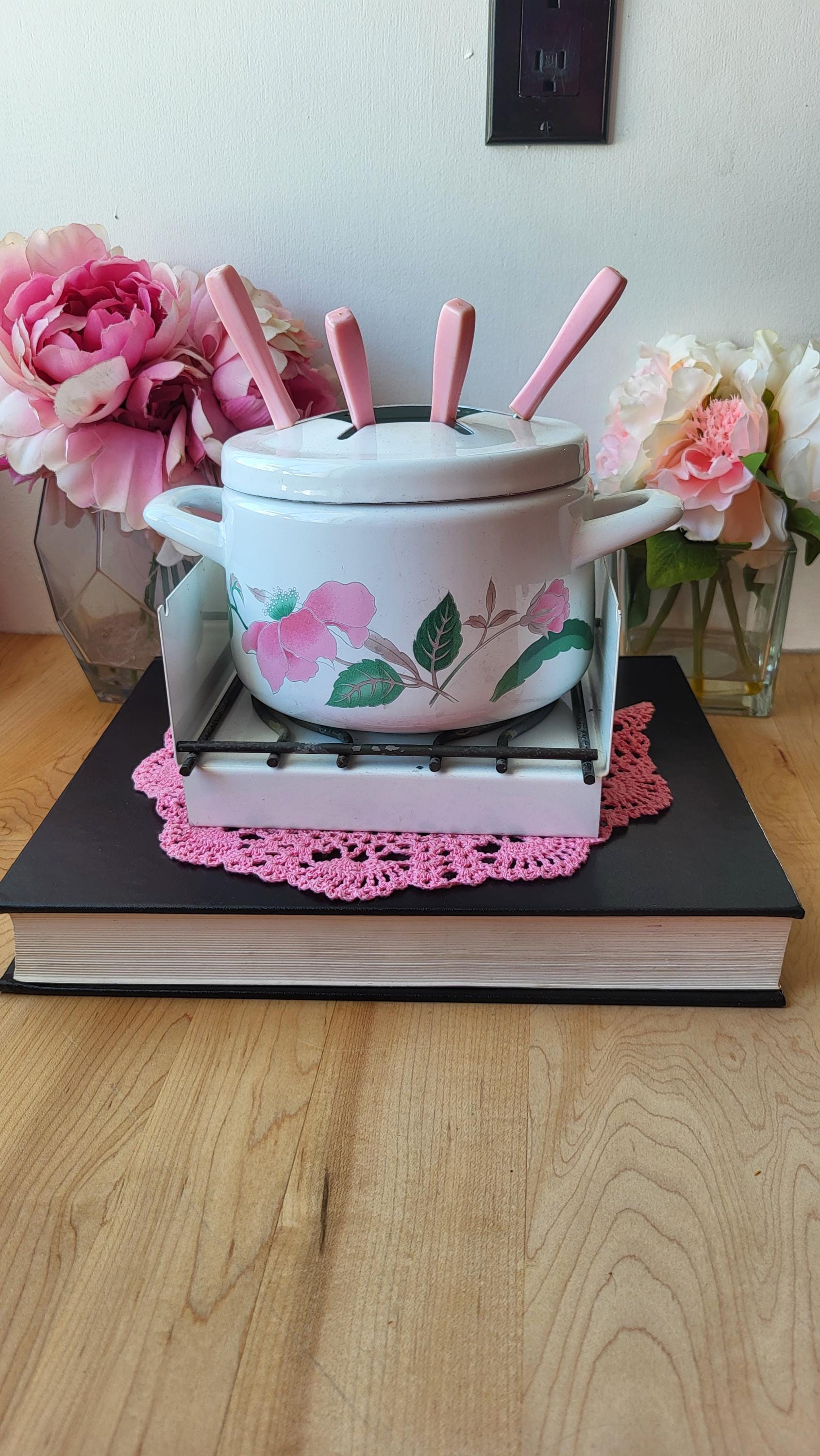 Vintage Mikasa Enamel Fondue Pot Silk Flowers, 80s Mikasa