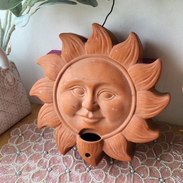 Vintage 1994 Terracotta Pottery Celestial Sun Smiling Face Wall Decor Hanging Garden Bird Feader Plant Holder