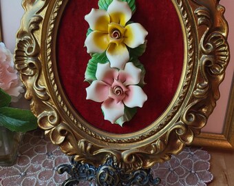 Framed Capodimonte Roses 3D Ceramic Wall Art , Cottage Core Red
