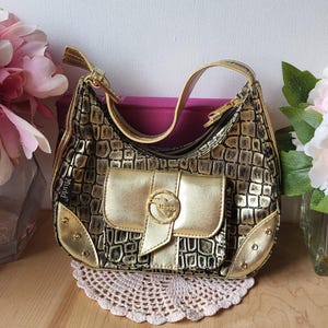 Y2K Mudd Mini Handbag Gold and Black with Rhinestones Faux Croc Leather Embossed Style Handbag | Y2K Accessories | Y2K Purse | 2000s