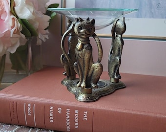 Vintage Brass Cat Candle Holder Melt Holder