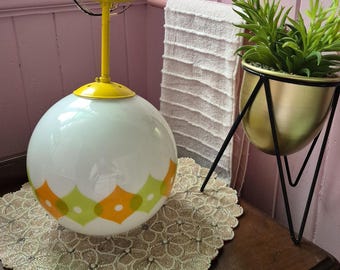 1970s Mid-Century Modern Space Age Pop Art Pendant Light Globe l Opaline Milk Glass l Yellow Metal l Original Lamp