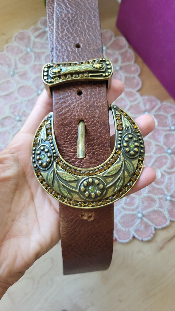 Vintage Leather Southwestern Large Brass Buckle Belt Made in  display picture 2