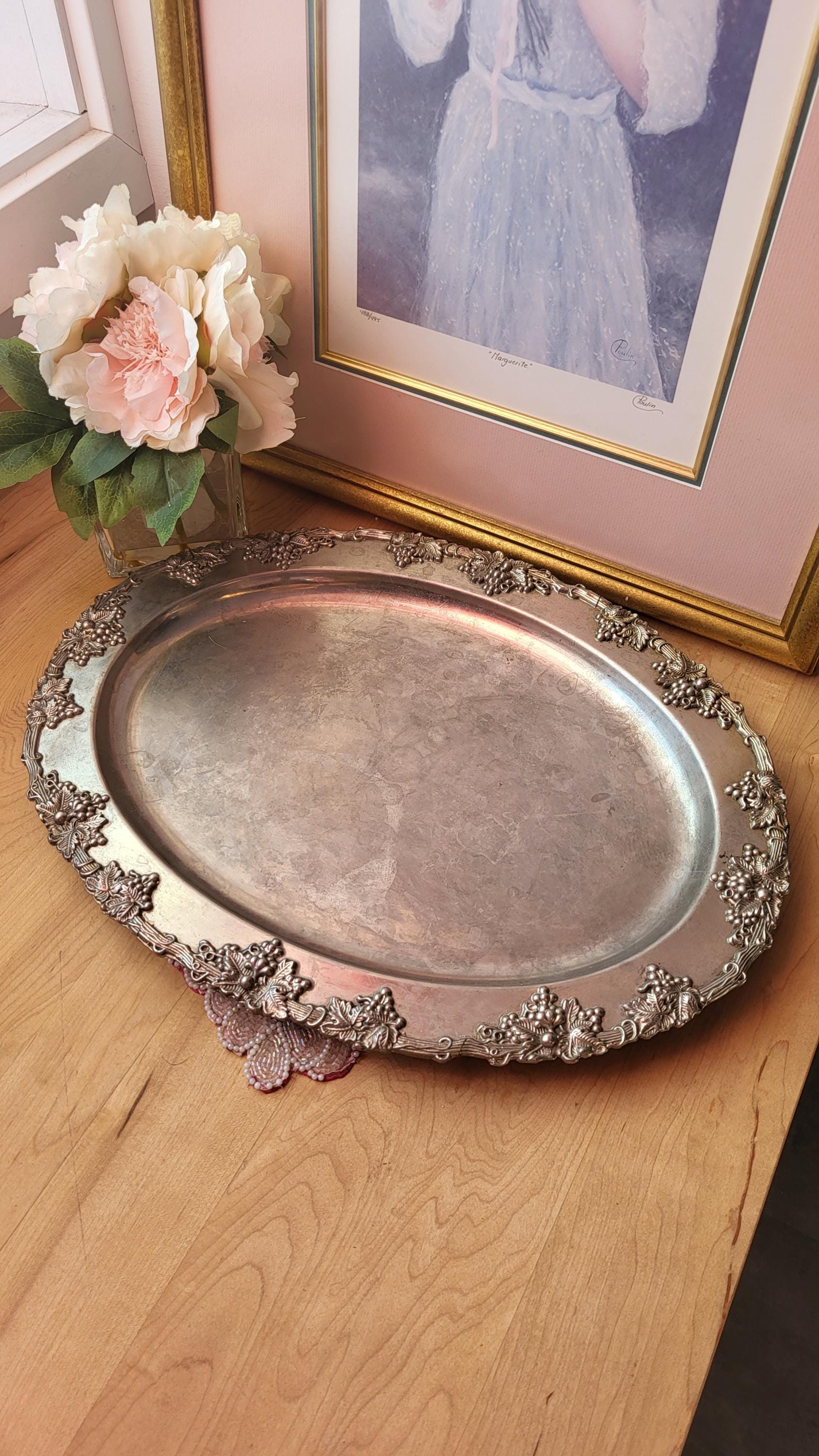 Vintage Silver Plate Oval Serving Tray,large Silver Tray,made by Godinger Silver Art Co./17
