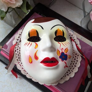Vintage Harlequin Wall Mask ,Masquerade Mask ,Ceramic Porcelain ,Theater Clown, Decorative Ribbon , Red Lips , Asymmetrical Detail