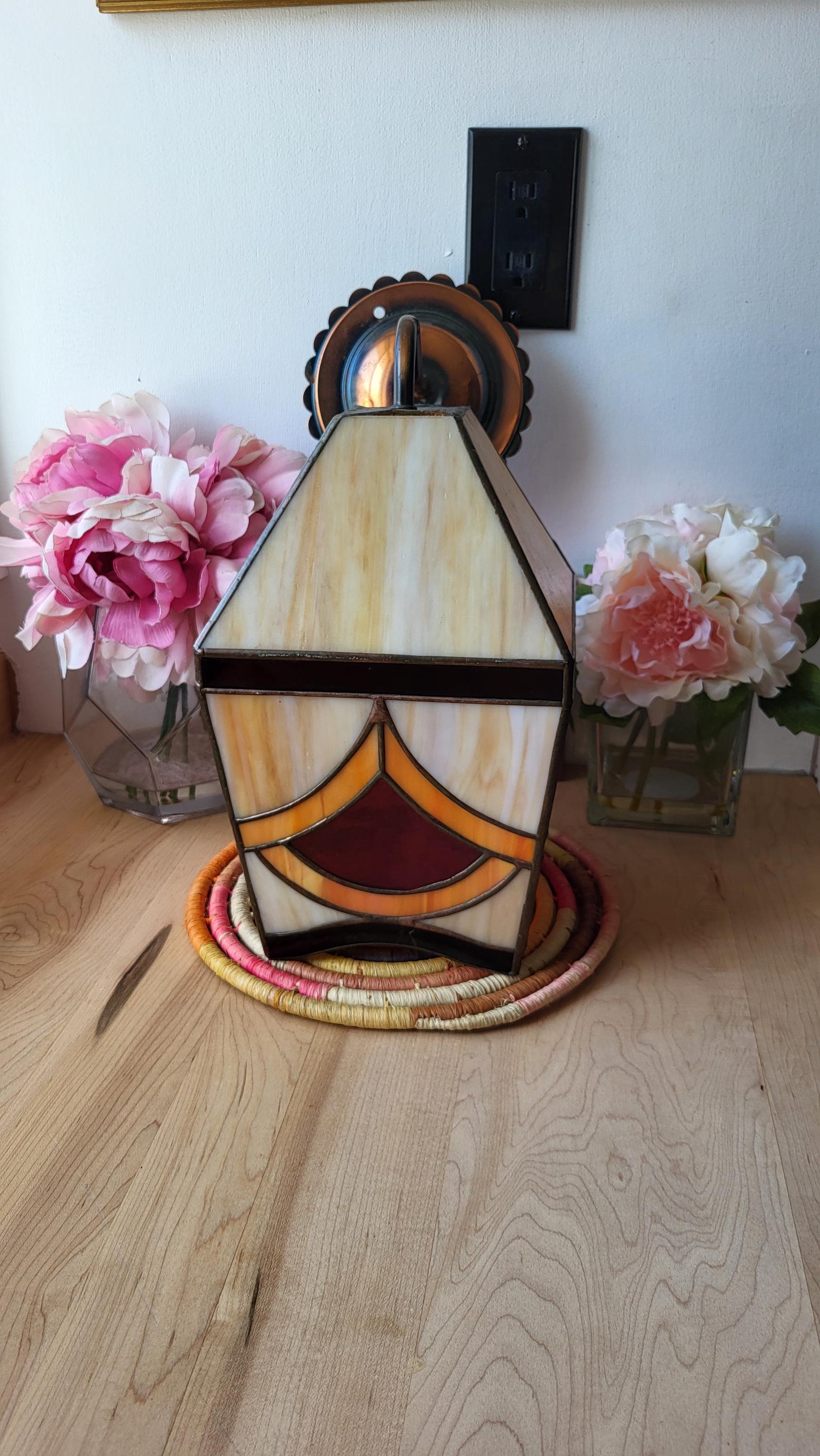 Vintage Tiffany Style Fixture Wall Light Brass and Stained Glass Fringed Chain