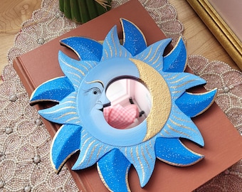 Vintage Wooden Celestial Blue Gold Sun & Moon Mirror Crescent Shaped Moon New Gorgeous Indonesia