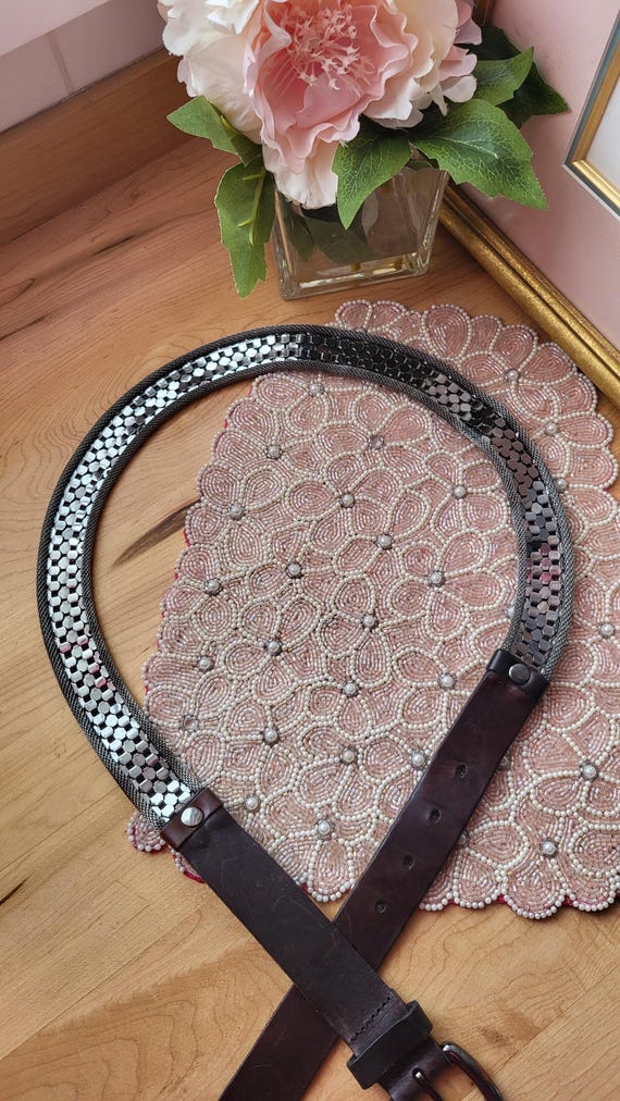 Buy Vintage Silver Tone Metal Mesh Belt and Brown Leather by  display picture 3