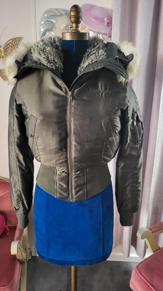 1990s 2000s Army Green Baby Phat Bomber Jacket With Faux Fur Trim