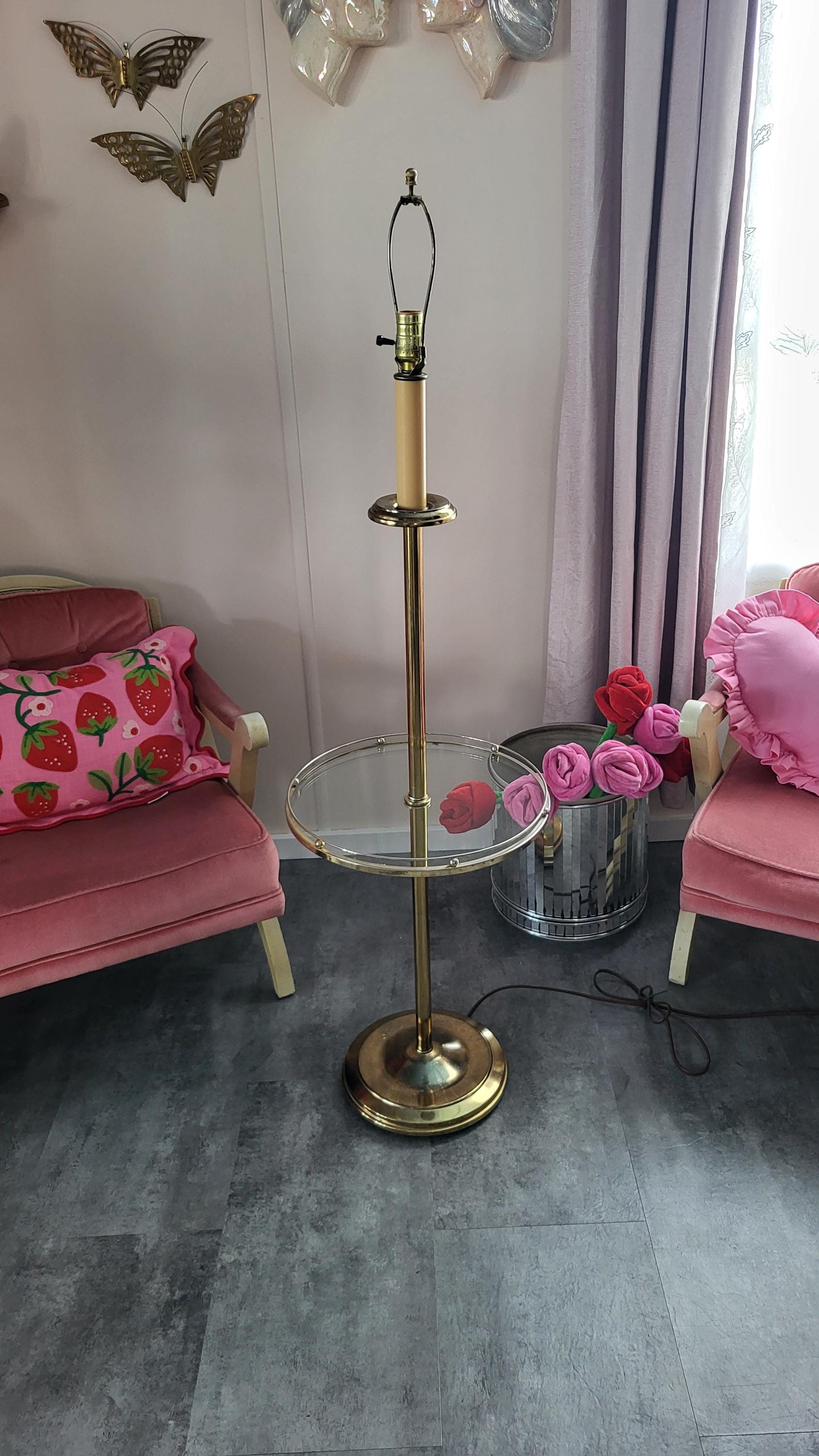 Vintage 1980s Floor Lamp With Shelf Brass Lighting Glass Shelf