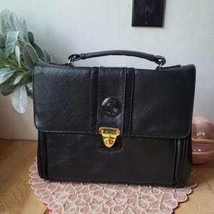 Cartable vintage, sac en cuir verni, sac porte-documents, sac à main noir pour femme avec beaucoup de compartiments