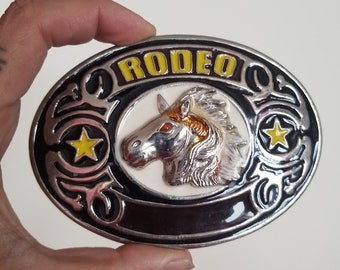 Vintage Western Silver Buckle Rodeo Horse Cowboy Buckle Belt With Colors