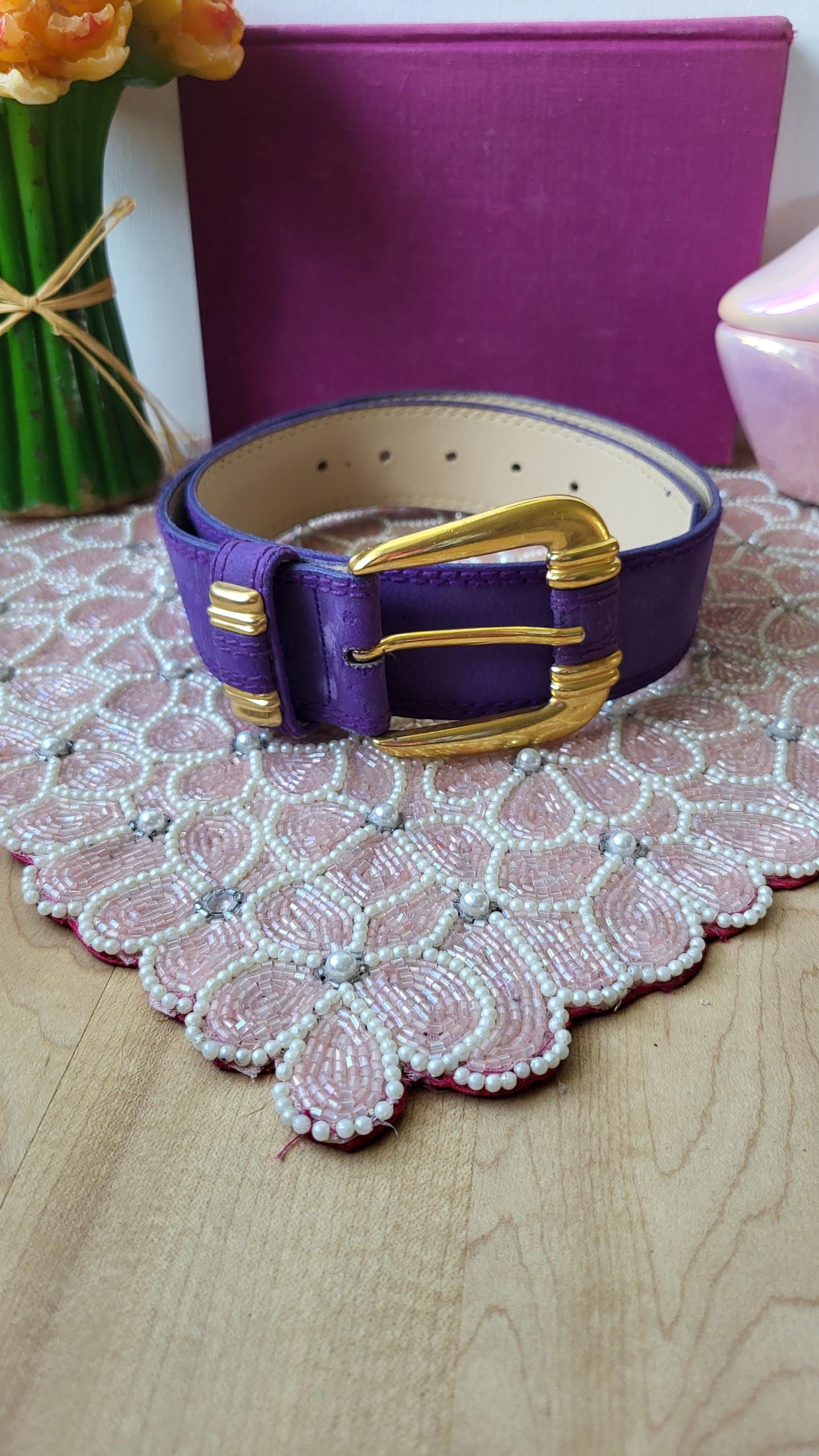 Vintage Purple Leather Belt, 80s New Wave Belt, Chunky Gold  display picture 1