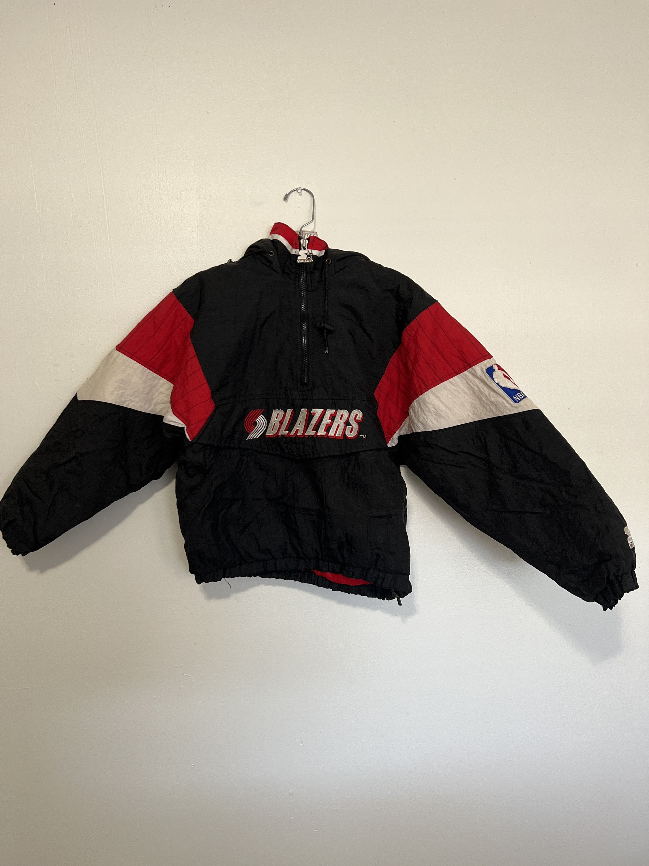 Portland Trail Blazers Vintage 80s Starter Satin Bomber Jacket - Very Rare - NBA Basketball Black Red Coat - Men's Size XL 