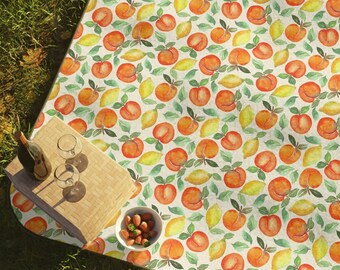 Lemon Peach Fruit Picnic Blanket cute trendy gift summer spring. Water resistant outdoor picnic mat blanket washable with carrier strap