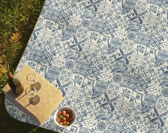 Mediterranean Picnic Blanket Blue White Greek Garden Tile. Water resistant outdoor picnic mat blanket washable with carrier