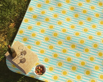 Sunshine Blue White Stripes Picnic Blanket cute trendy gift summer spring. Water resistant outdoor picnic mat blanket washable with carrier