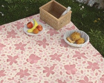 Picnic Blanket in Pink and White with Cherry Blossom Flower Floral - Water resistant outdoor picnic mat blanket washable with carrier strap