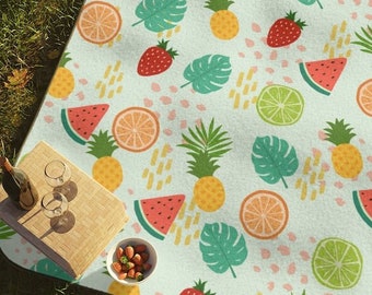 Picnic Blanket in Blue with tropical summer fruit. Water resistant outdoor picnic mat blanket washable with carrier strap watermelon citrus