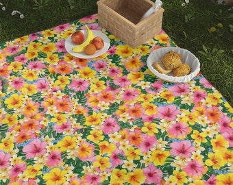 Picnic Blanket in with tropical hibiscus flowers pink yellow floral. Water resistant outdoor picnic mat blanket washable with carrier strap