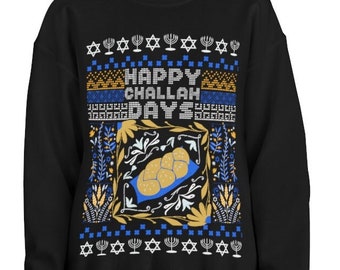 Hannukah Ugly Sweater Crewneck Sweatshirt. Happy Challah Days Chanukah shirt for Jewish gift featuring menorah, star of David, Torah