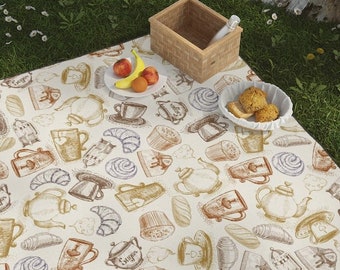 Picnic Blanket with coffee and tea pastry art in tan / beige. Water resistant outdoor picnic mat blanket washable with carrier strap