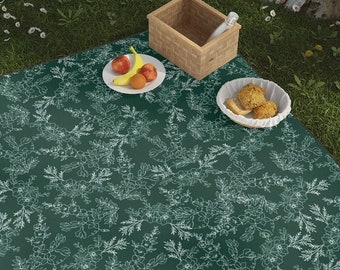 Picnic Blanket in emerald green with wild flowers floral art Water resistant outdoor picnic mat blanket washable with carrier strap