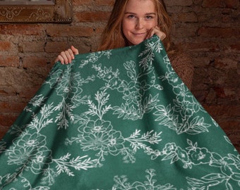 Emerald Green Blanket. Leaves Floral Cozy velveteen plush dark green throw blanket great gift for her, home decor, gender neutral baby, dog