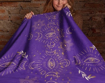 Witchy Purple Halloween Blanket with sun, moon evil eye in gold. Mystic spooky season Goth boho eclectic gift decor soft plush throw