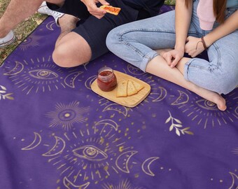 Picnic Blanket Witchy Mystic Boho Purple with sun moon evil eye Water resistant outdoor picnic mat blanket washable with carrier strap