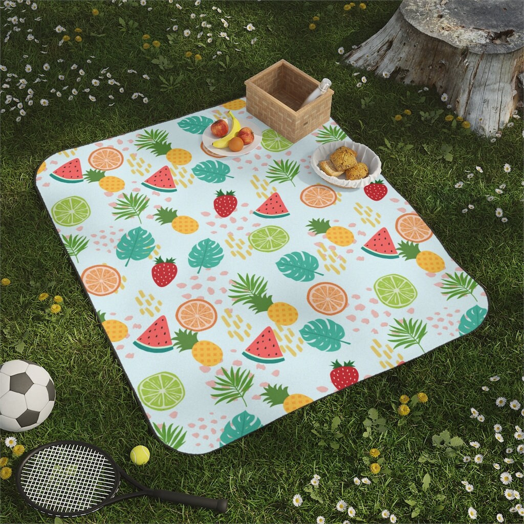 Picnic Blanket in Blue With Tropical Summer Fruit. Water Resistant