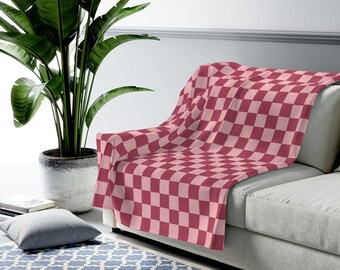 Pink Checkered Throw Blanket. Velveteen plush retro style decor. Checkerboard aesthetic cozy cute check pattern couch throw