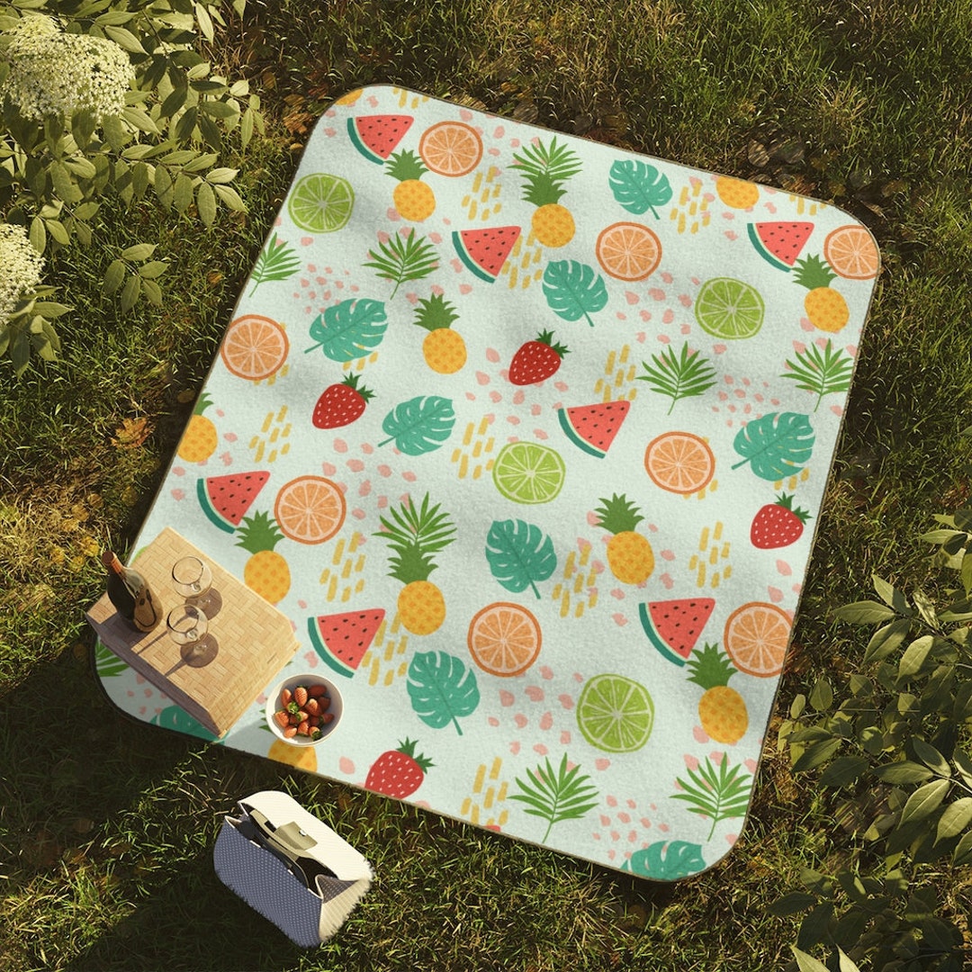 Picnic Blanket in Blue With Tropical Summer Fruit. Water Etsy