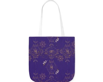 Witchy Purple Halloween Canvas reusable tote bag with sun, moon evil eye in gold. Mystic spooky season Halloween tote. Gothic boho tote