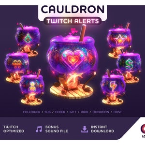 ALERTAS DE CAULDRON: Animadas - Transmisión de Twitch / Sub / Seguir / Animar / Regalo / Incursión / Anfitrión / Donación con sonido de alerta adicional