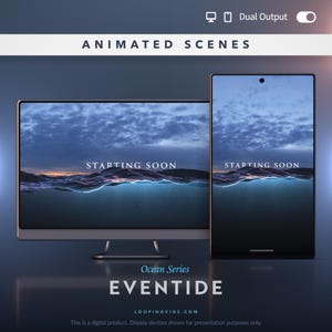May include: A digital display showing a landscape and portrait screen with the text STARTING SOON over an ocean scene. The graphic includes the text ANIMATED SCENES, Ocean Series, EVENTIDE, and LOOPINGVIDS.COM with a dual output toggle switch.